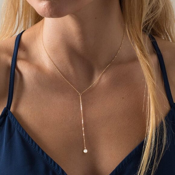 Women 14k Gold Plated Heart Pearl Y Pendant Necklace Simple Gold Drop - Picture 3 of 7